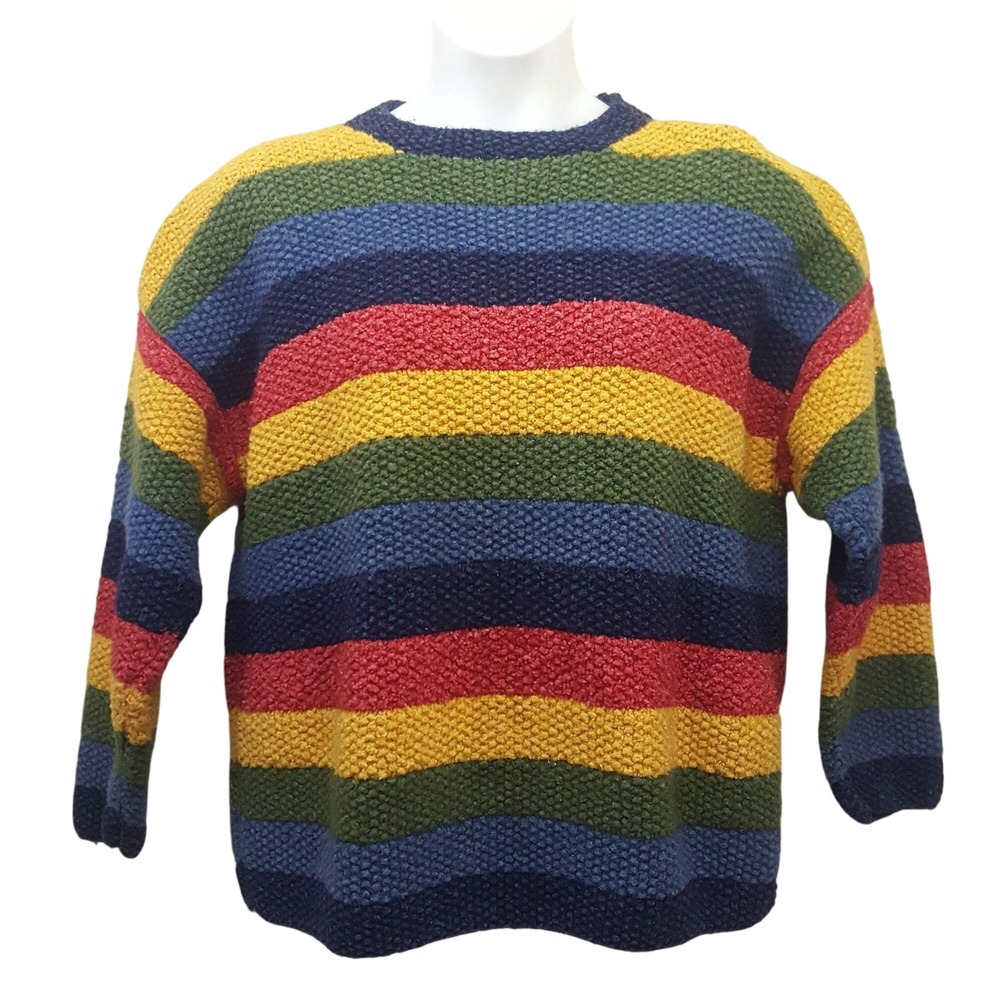 Del‎ Mundo Oversized Wool Striped Sweater Pullover Hand Knit Fisherman Teacher